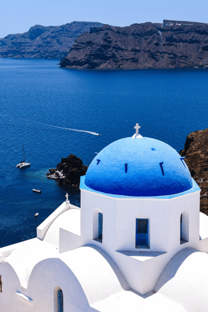 View of a Greek Island with sea and a church