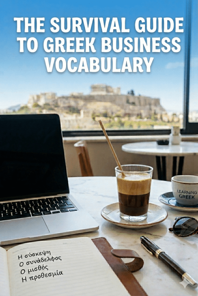 A laptop and a freddo espresso on a desk in Athens, illustrating a guide to Greek business vocabulary for expats and digital nomads.