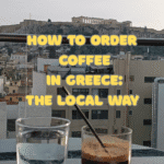 A photo I have taken with a coffee on a table and Acropolis as background