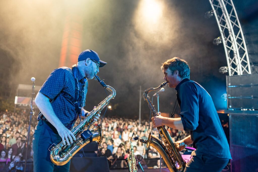 jazz festival of athens in may 2026 thwo saxophonistas are performing on stage